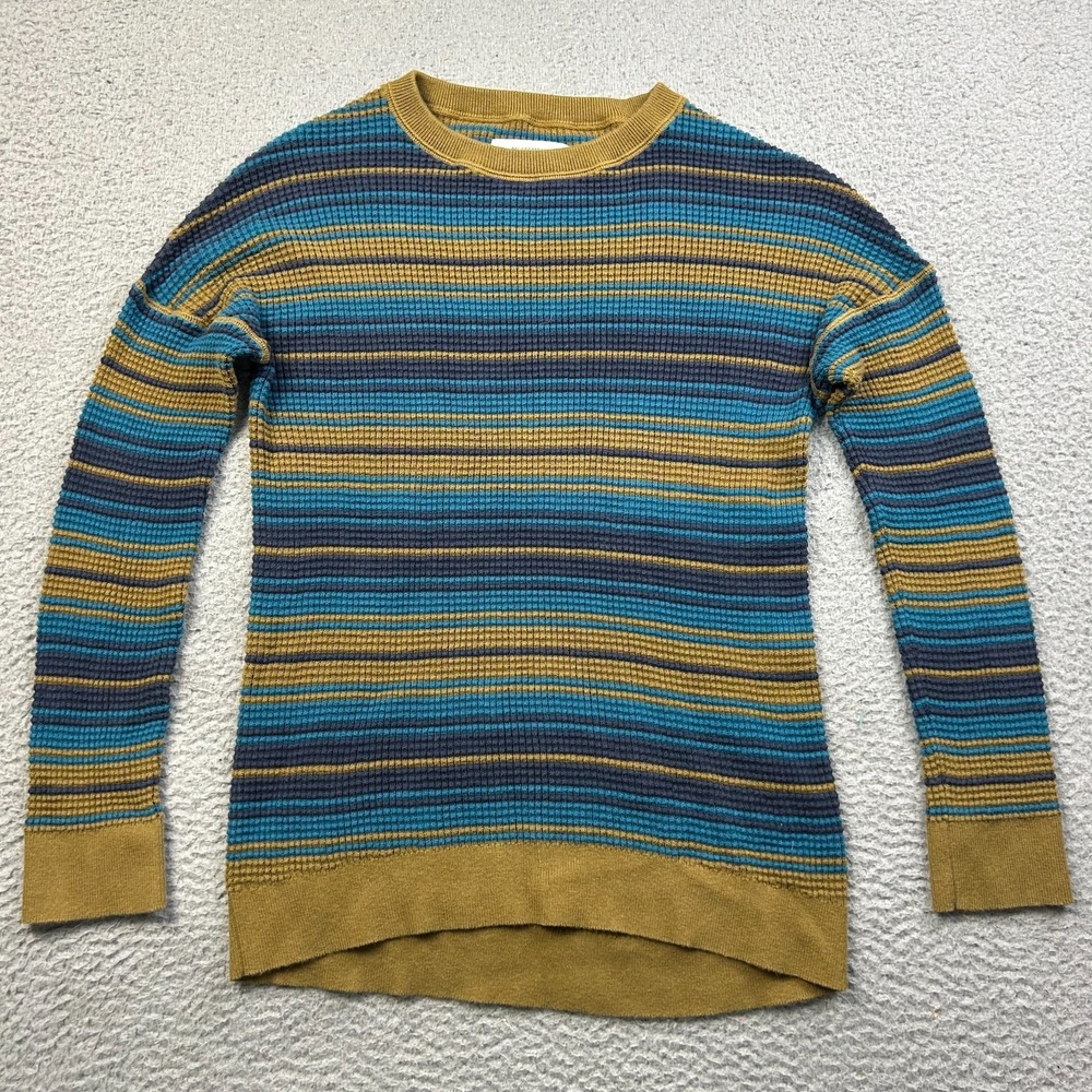 REI Wallace Sweater Womens Small Green Stripe Waffle Knit Cotton Pullover Small